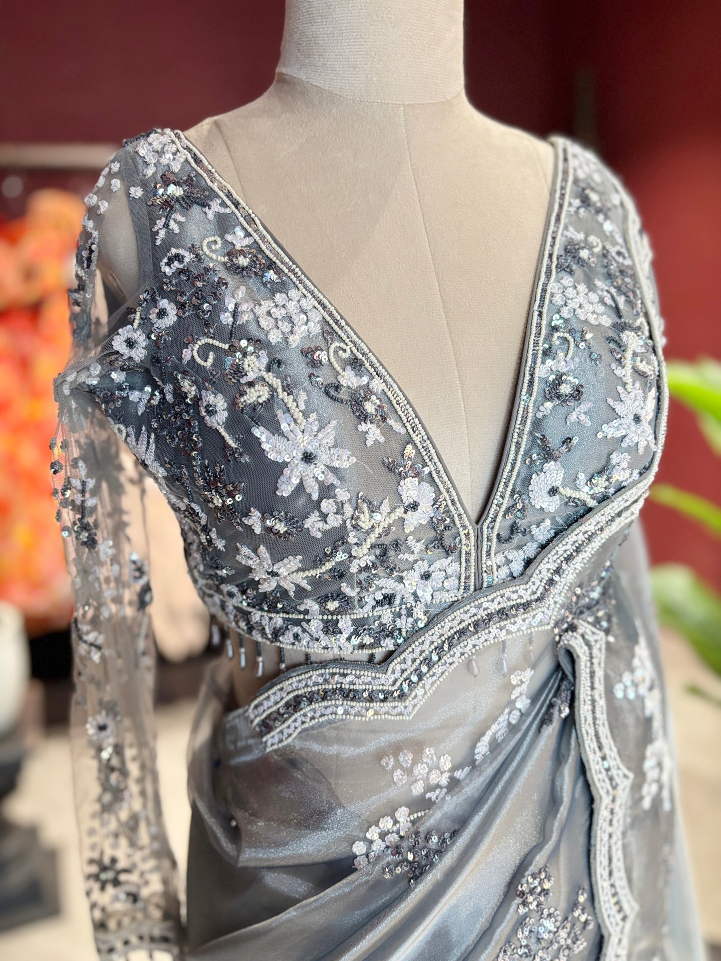 Ice Blue Designer Saree with Silver Embroidery and Scallop Border