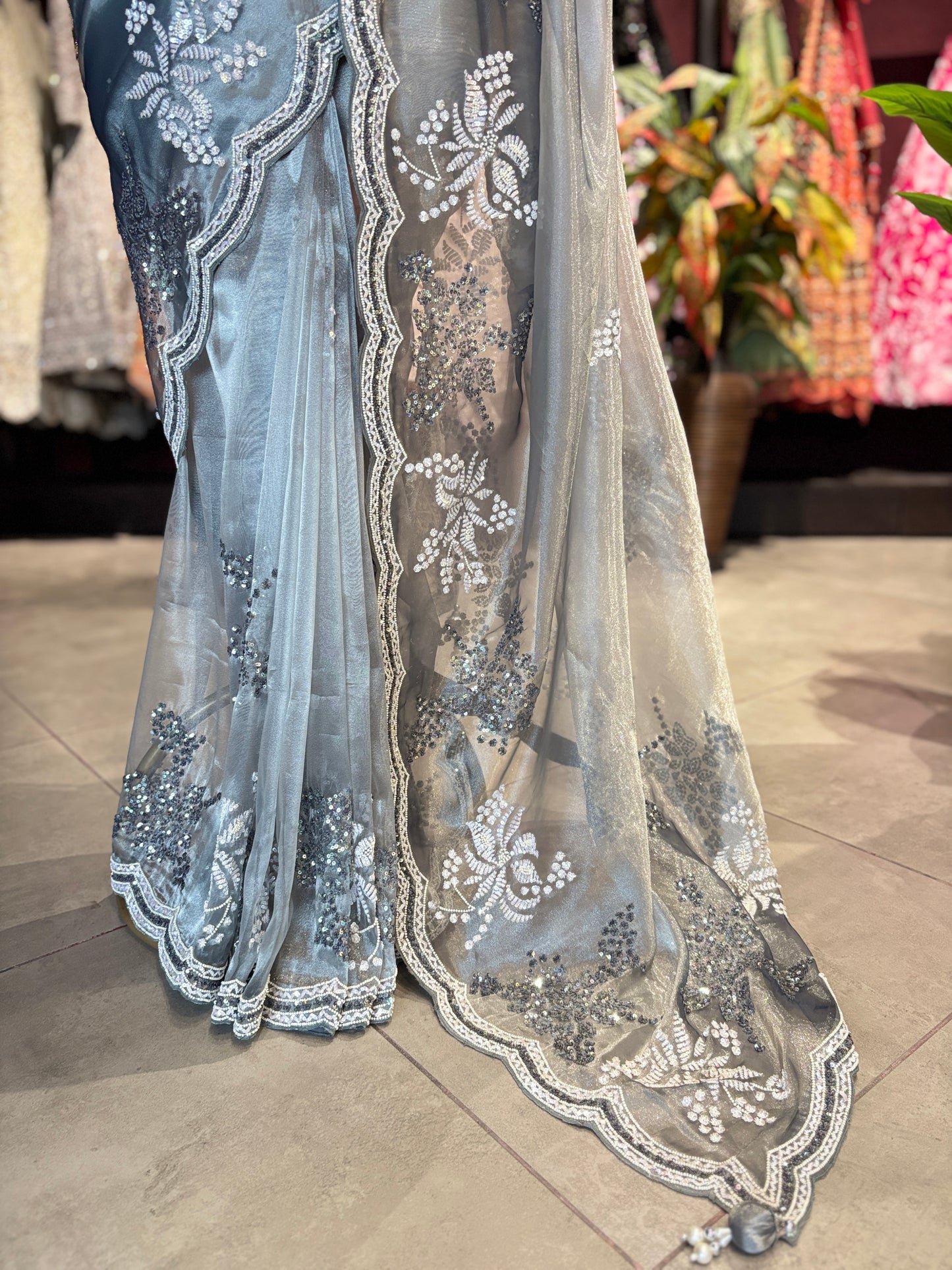 Ice Blue Designer Saree with Silver Embroidery and Scallop Border
