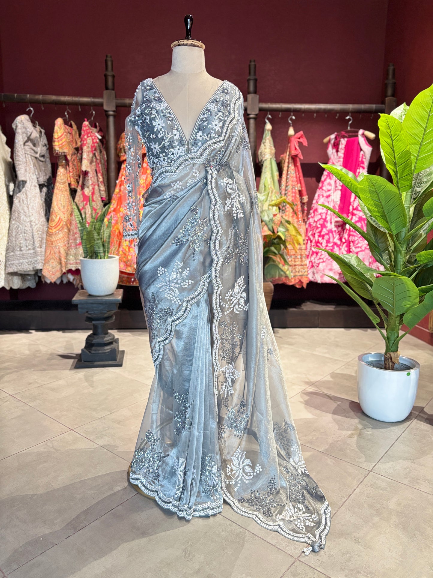 Ice Blue Designer Saree with Silver Embroidery and Scallop Border