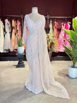 Pink White Designer Saree with Pearl Embroidery and Scallop Border
