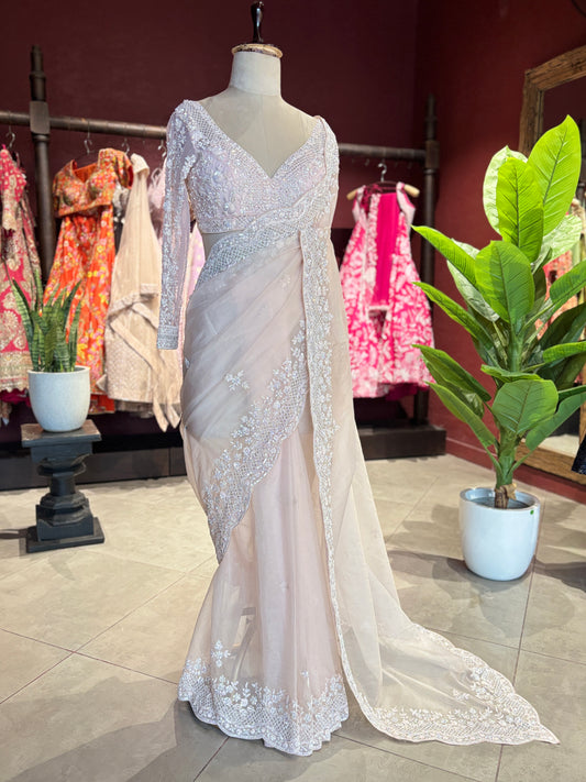Pink White Designer Saree with Pearl Embroidery and Scallop Border
