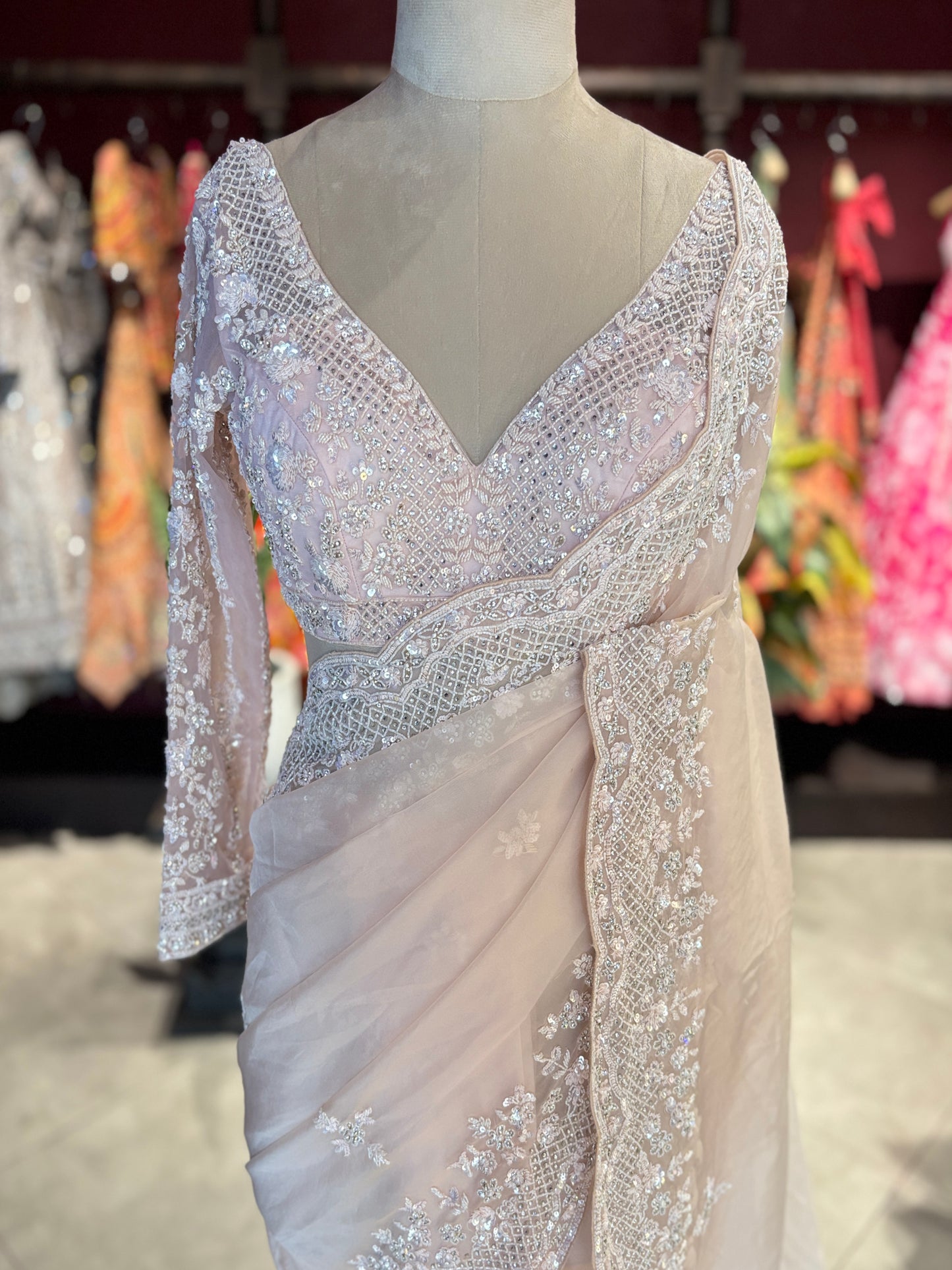 Pink White Designer Saree with Pearl Embroidery and Scallop Border