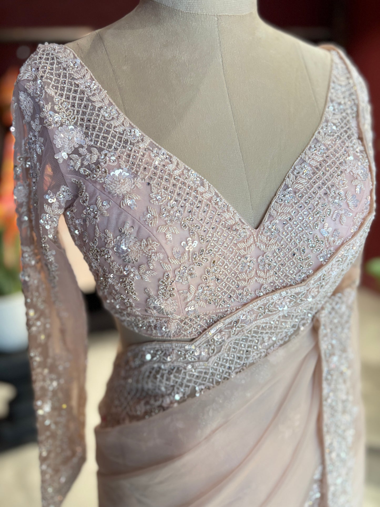 Pink White Designer Saree with Pearl Embroidery and Scallop Border