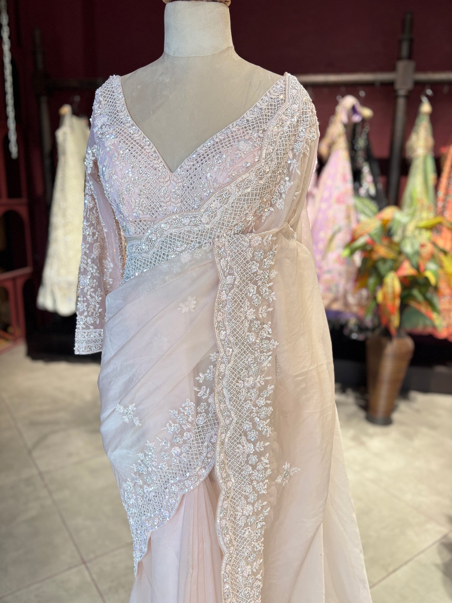 Pink White Designer Saree with Pearl Embroidery and Scallop Border