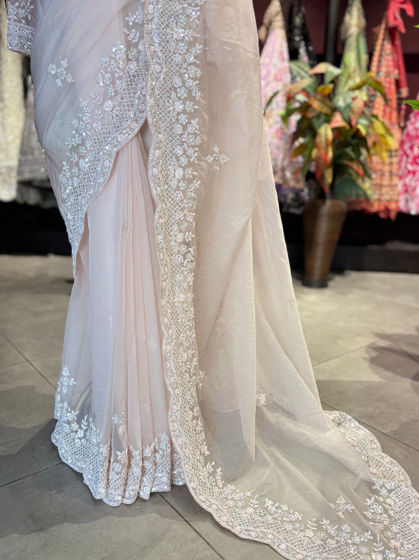 Pink White Designer Saree with Pearl Embroidery and Scallop Border