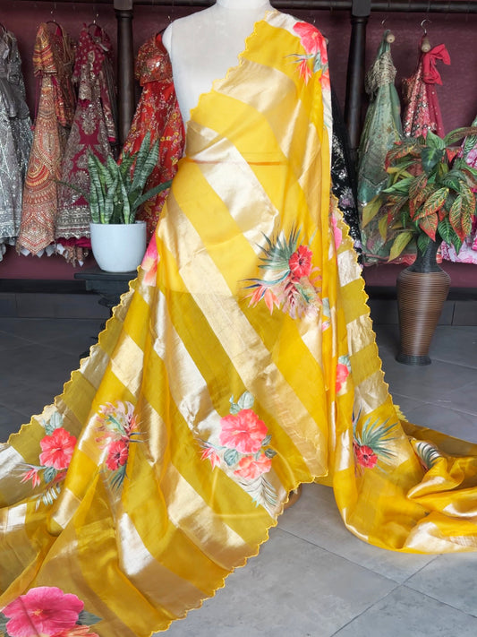 Pure Kora Silk Tissue Saree With Striped Pallu and Scallop Border