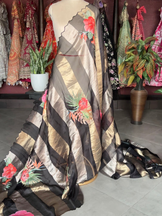 Black Kora Silk Tissue Saree With Striped Pallu and Scallop Border
