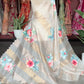 Ivory Kora Silk Tissue Saree With Striped Pallu and Scallop Border