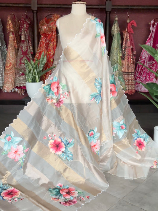 Ivory Kora Silk Tissue Saree With Striped Pallu and Scallop Border