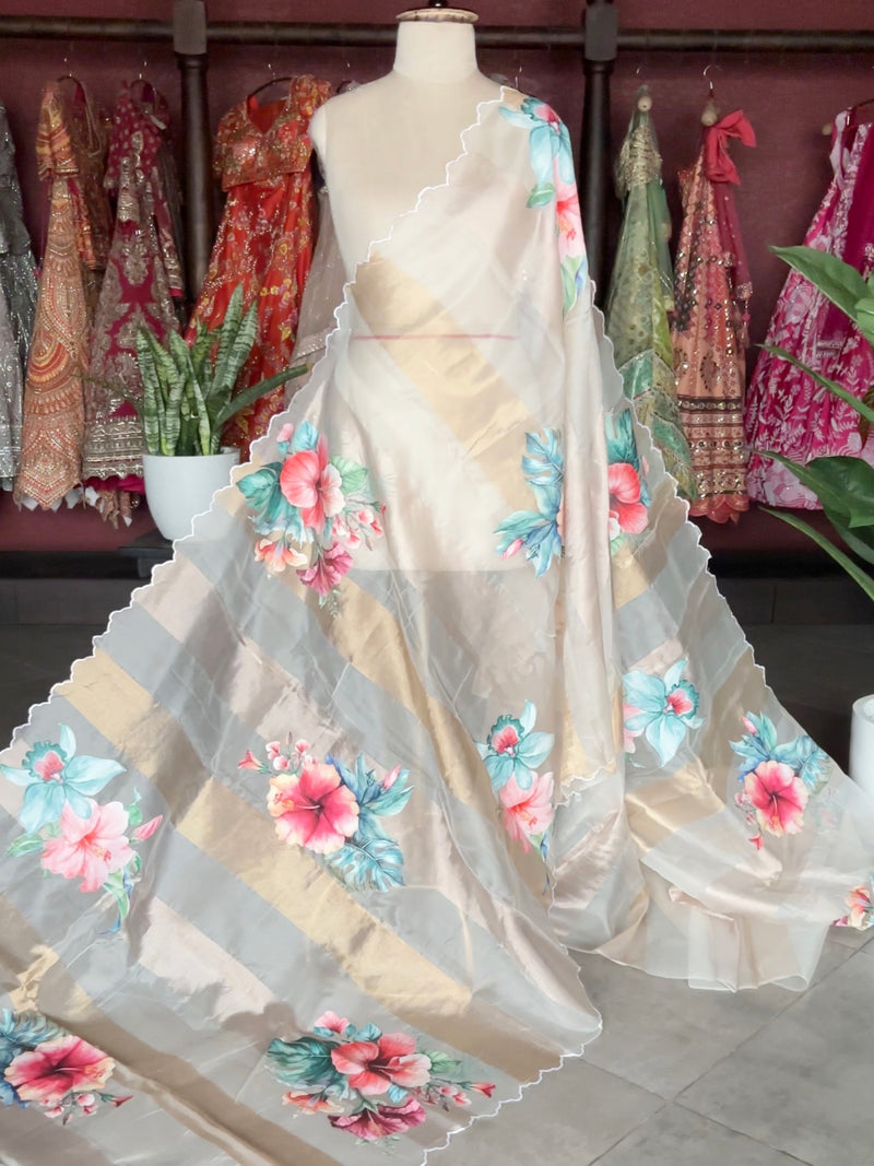 Ivory Kora Silk Tissue Saree With Striped Pallu and Scallop Border