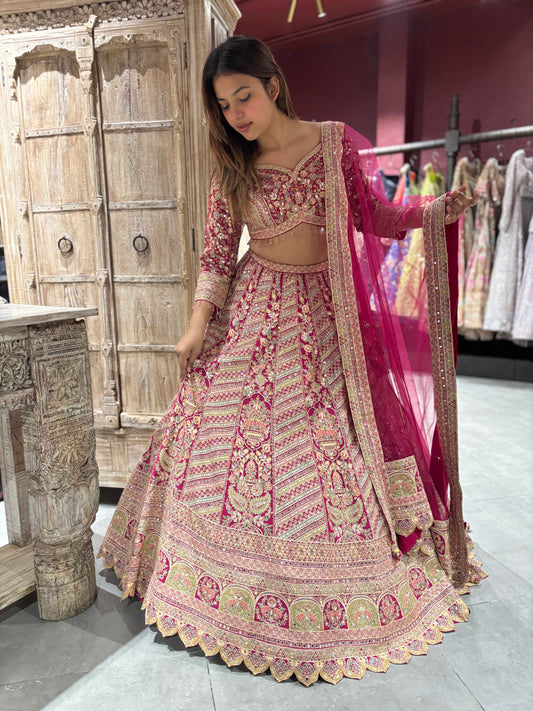 Grand Designer Embroidered Lehenga with Floral & Vase Motifs