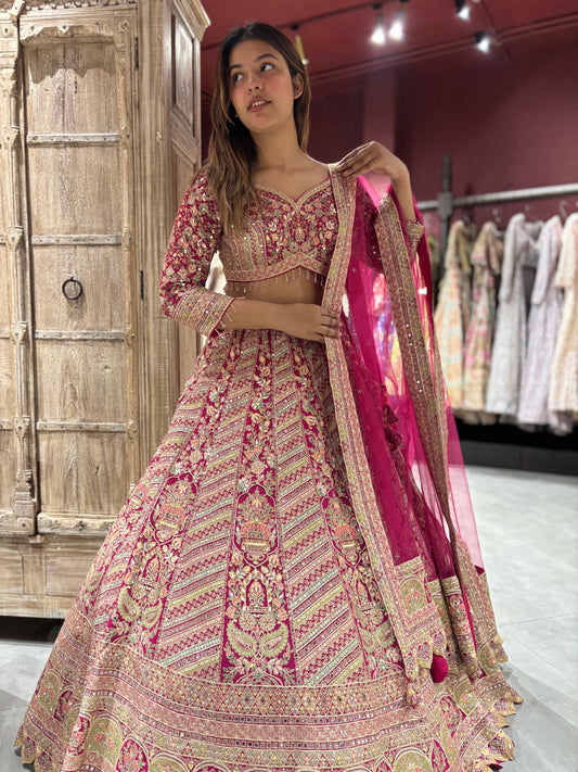 Grand Designer Embroidered Lehenga with Floral & Vase Motifs