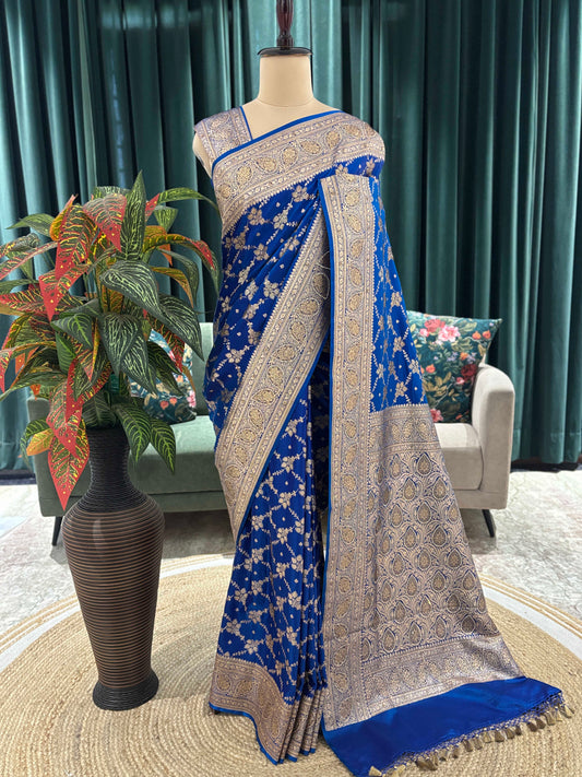 Royal Blue Banarasi Style Saree with Heavy Woven Border