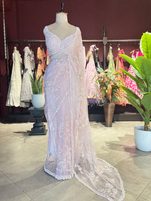 Pink Net Designer Saree with White Floral Embroidery and Pearl Border