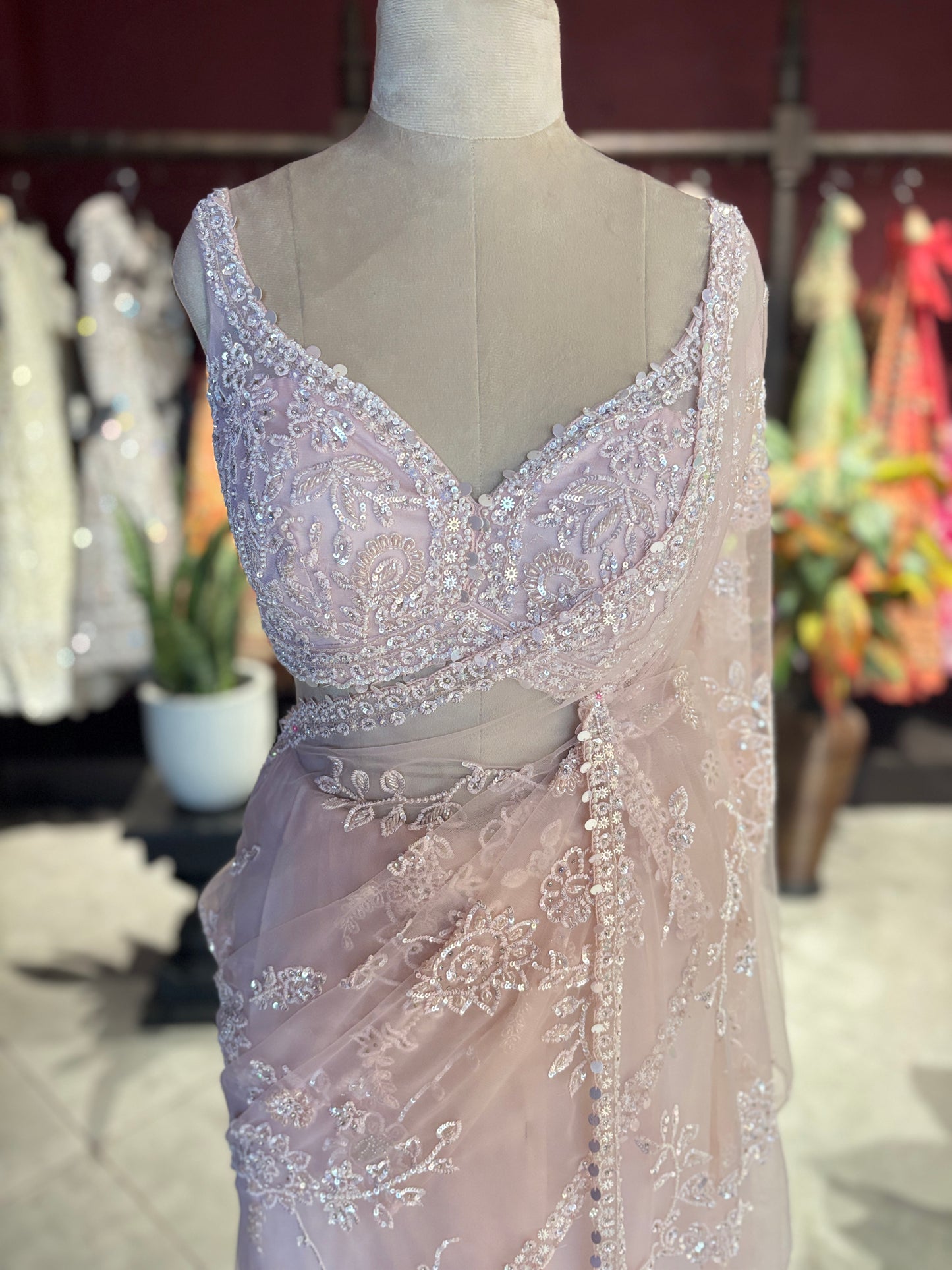Pink Net Designer Saree with White Floral Embroidery and Pearl Border
