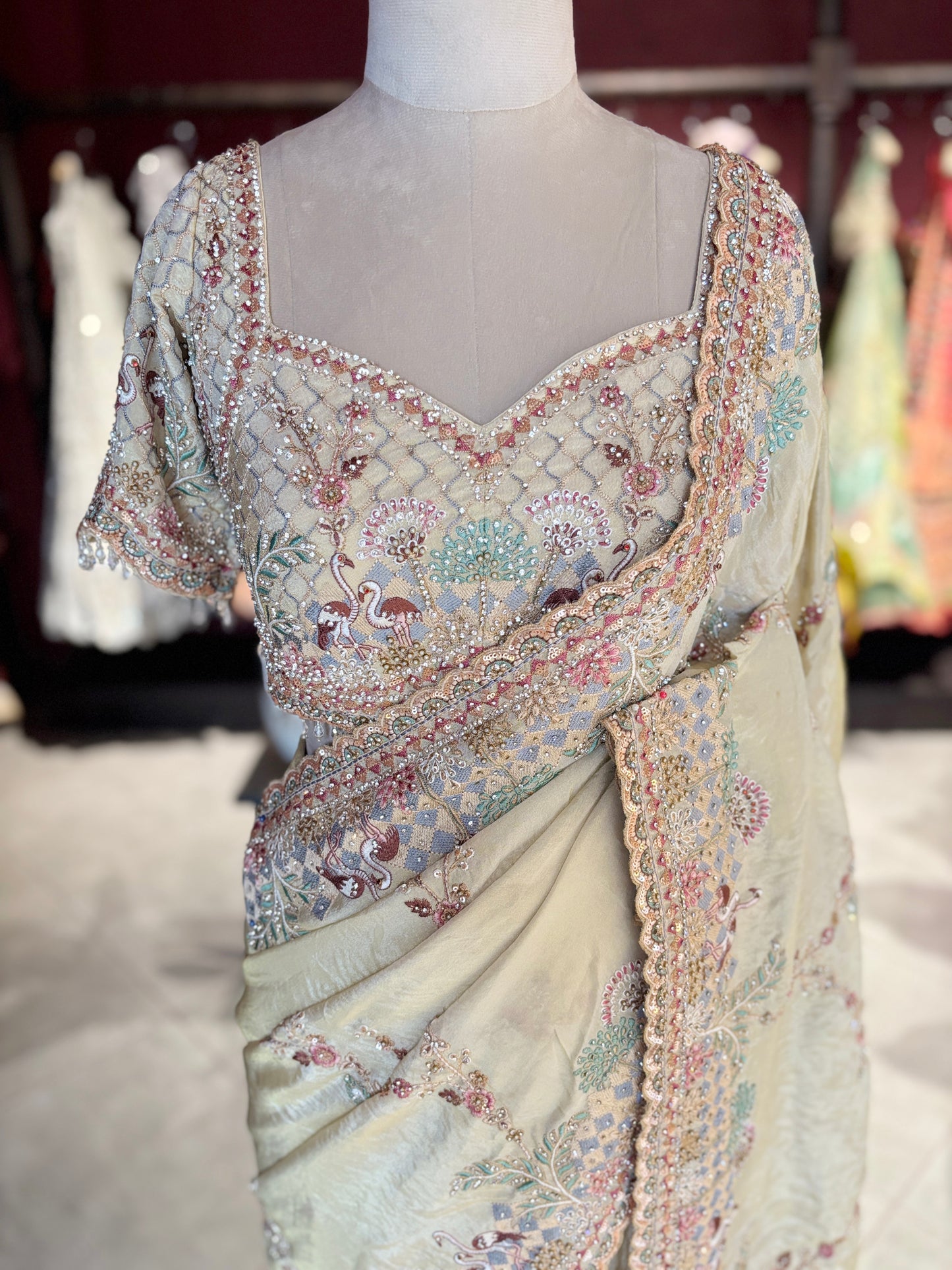Pastel Yellow Designer Saree with Multicolor Embroidery & Heavy Border