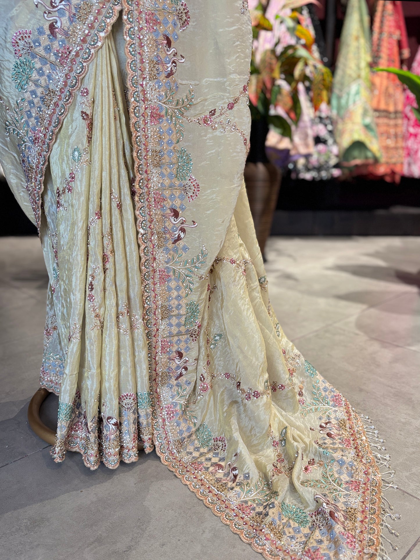 Pastel Yellow Designer Saree with Multicolor Embroidery & Heavy Border