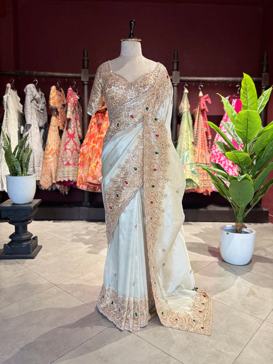 Tissue Ivory Designer Bridal Saree with Heavy Handwork Blouse