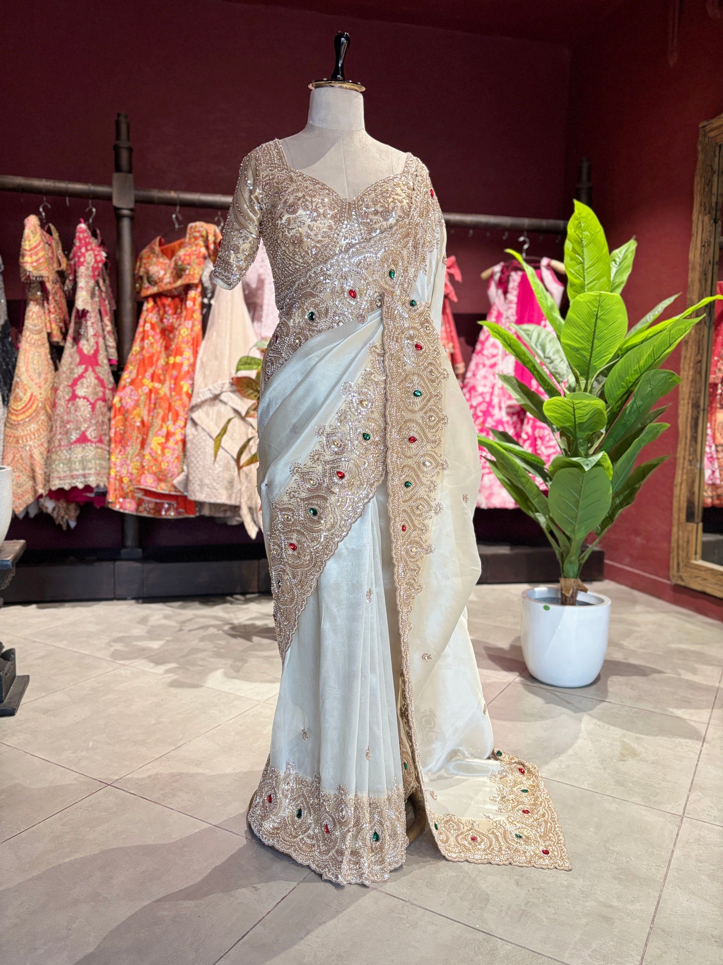Tissue Ivory Designer Bridal Saree with Heavy Handwork Blouse