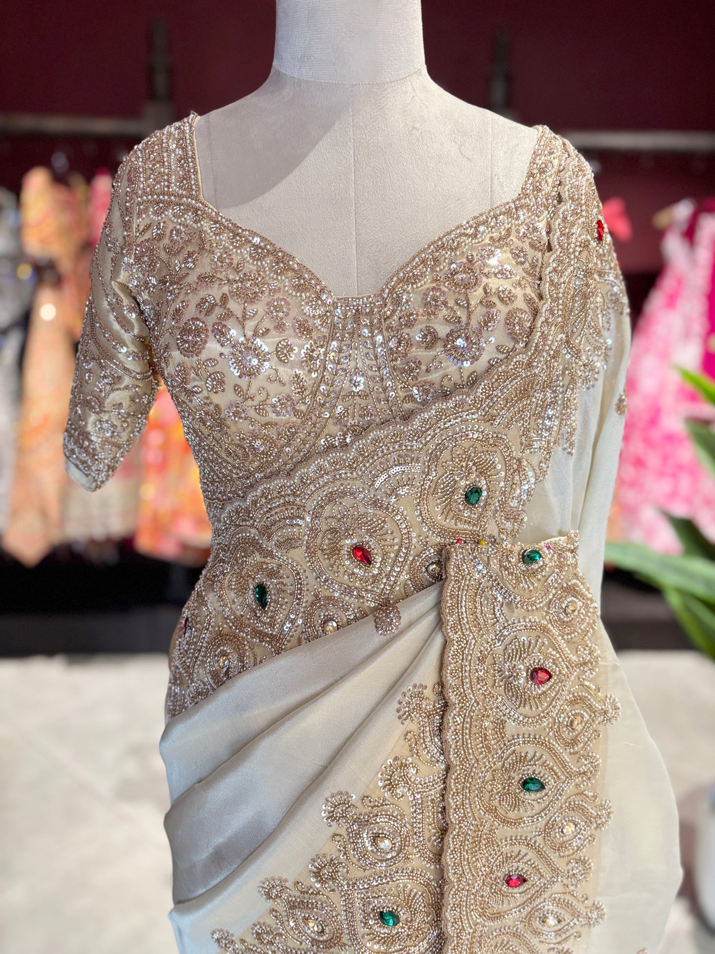 Tissue Ivory Designer Bridal Saree with Heavy Handwork Blouse