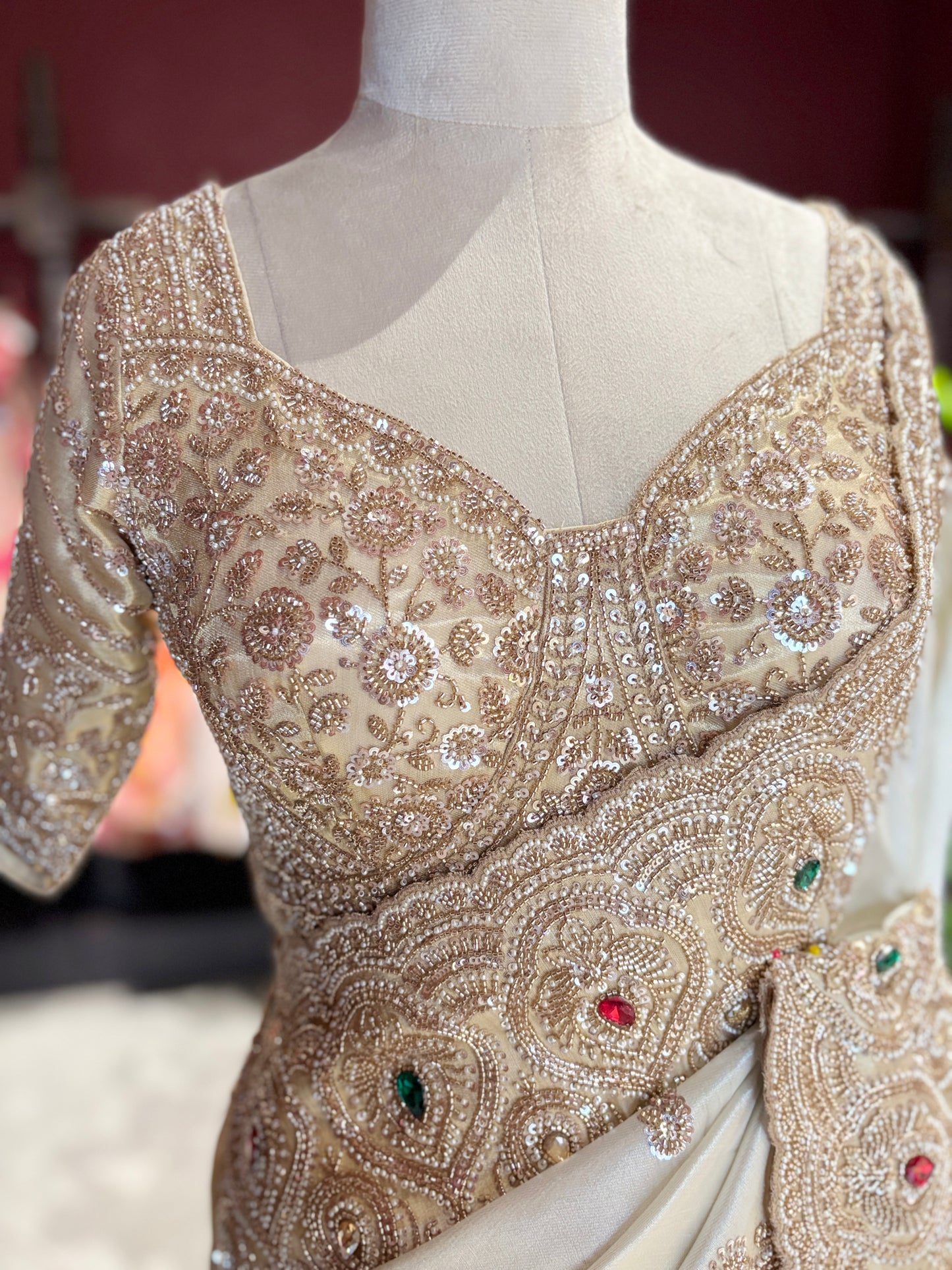 Tissue Ivory Designer Bridal Saree with Heavy Handwork Blouse