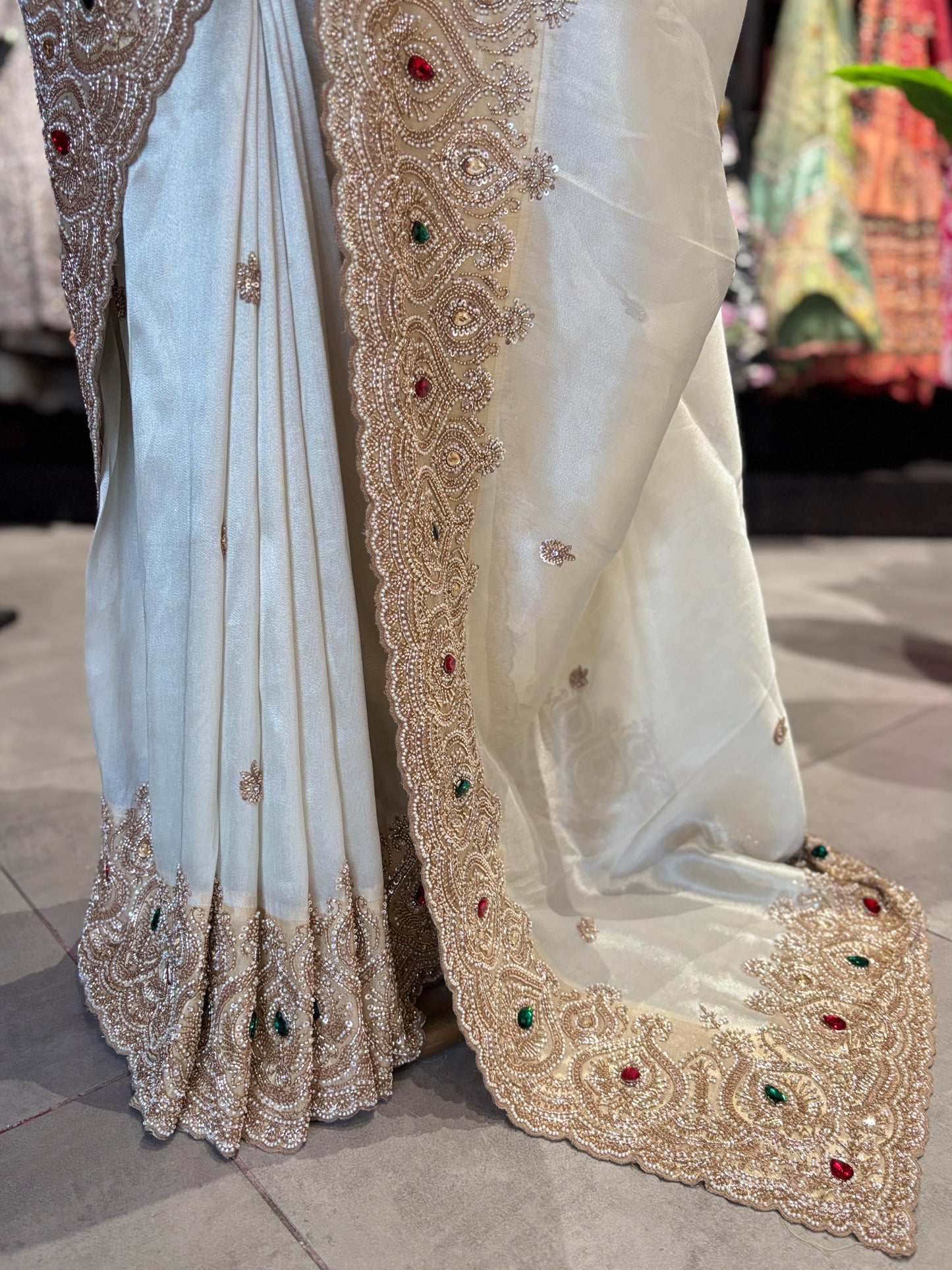 Tissue Ivory Designer Bridal Saree with Heavy Handwork Blouse
