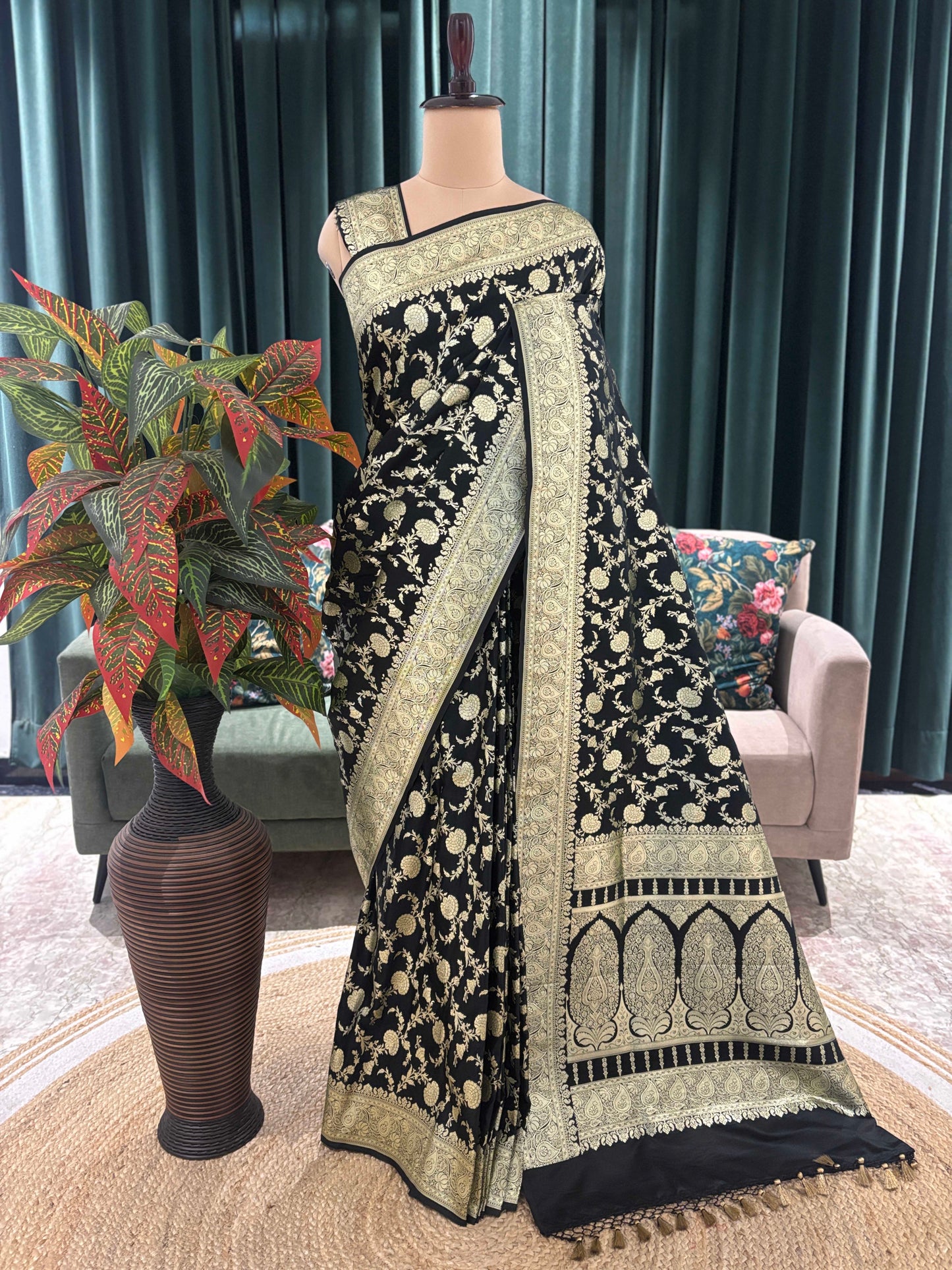 Black Elegant Silk Saree with Rich Gold Floral Motifs