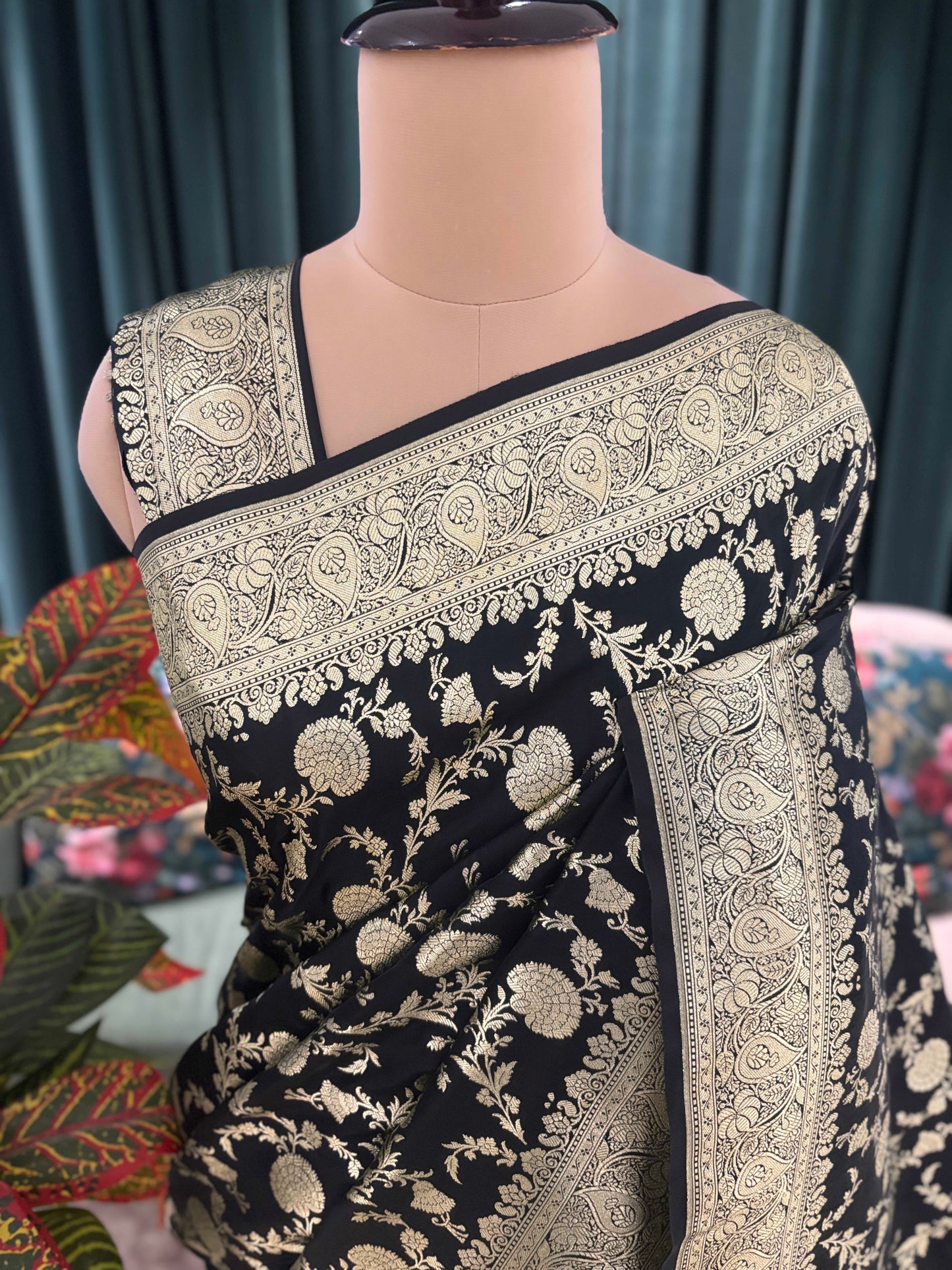 Black Elegant Silk Saree with Rich Gold Floral Motifs