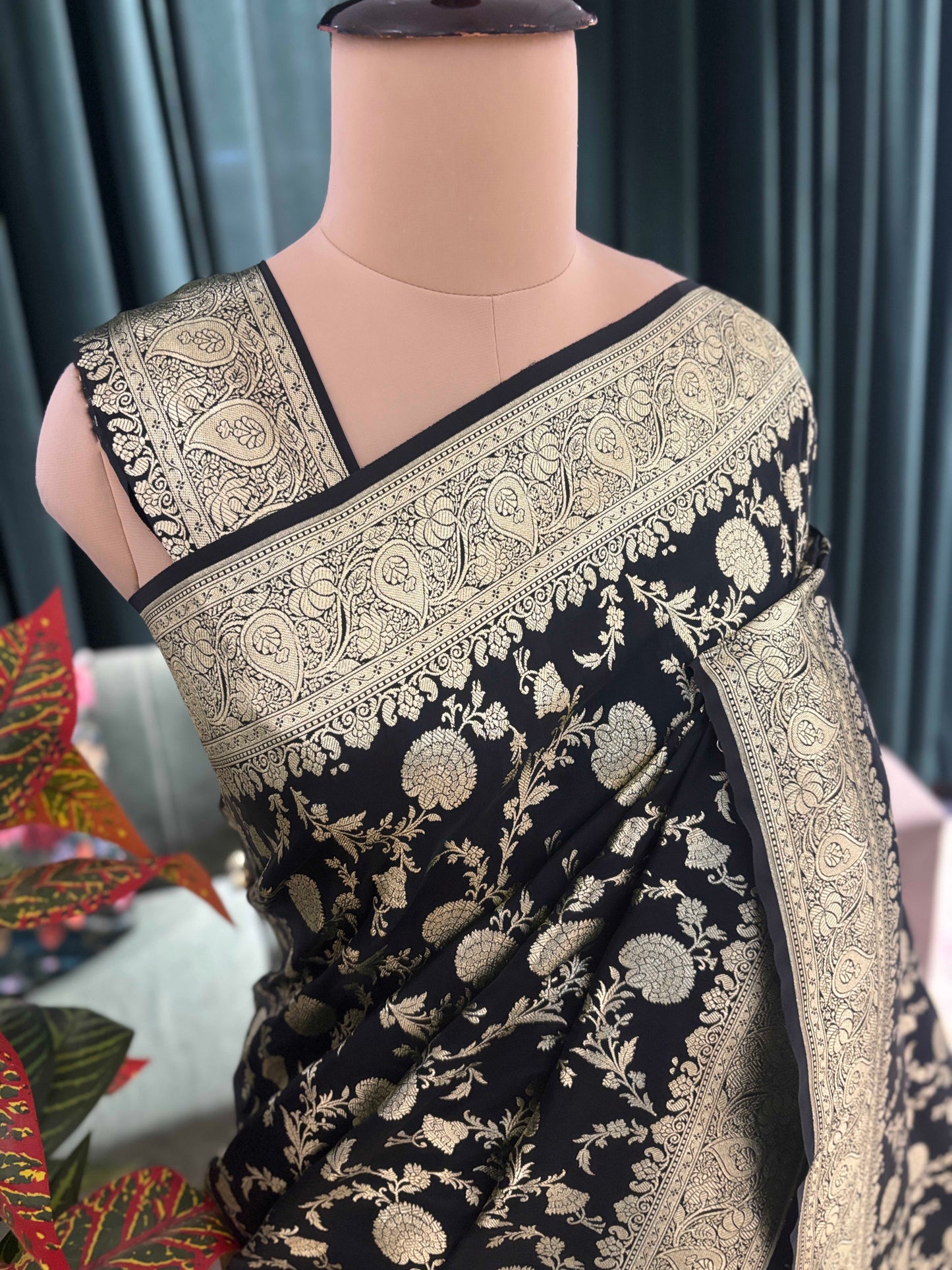 Black Elegant Silk Saree with Rich Gold Floral Motifs