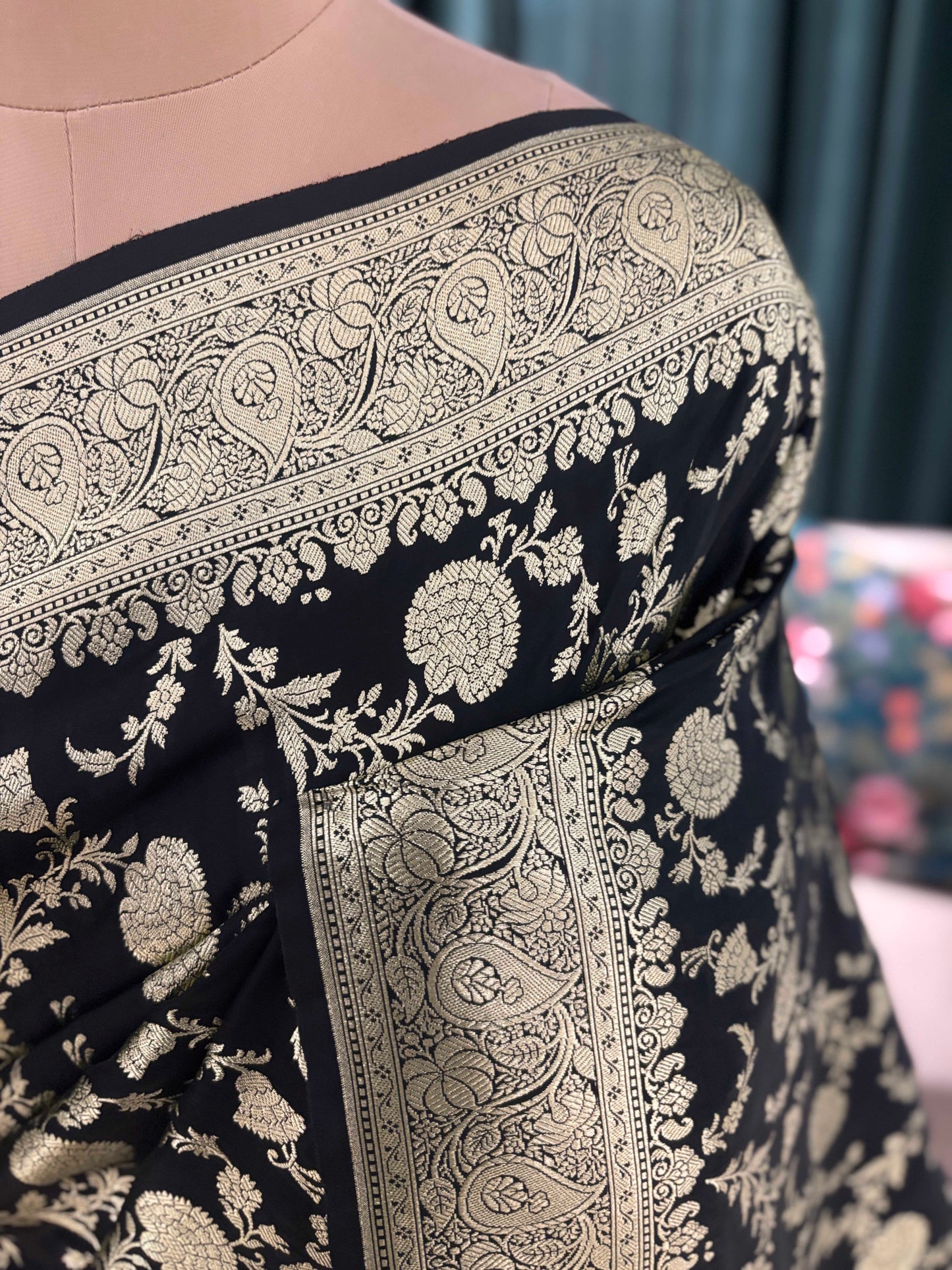 Black Elegant Silk Saree with Rich Gold Floral Motifs