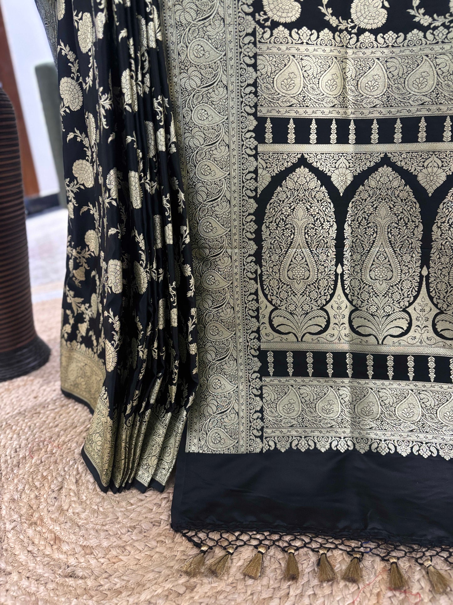 Black Elegant Silk Saree with Rich Gold Floral Motifs