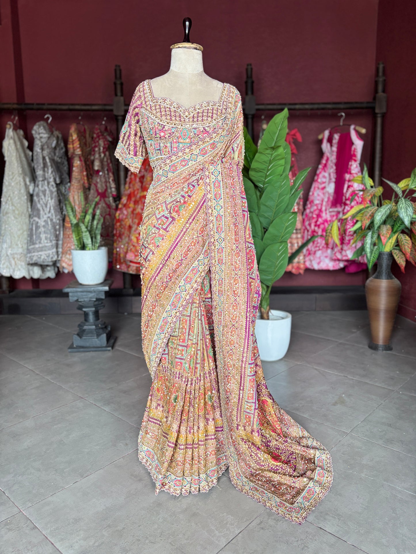 Patola Inspired Saree with Heavy Mirror Work & Designer Blouse