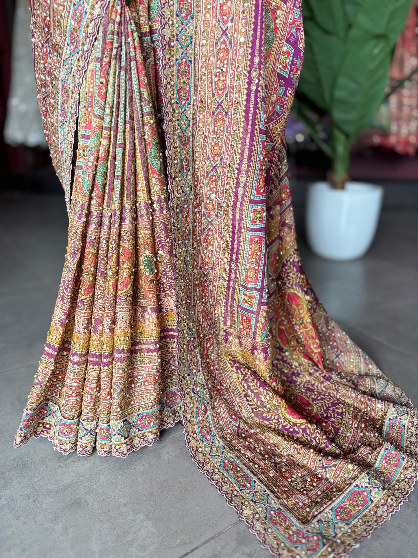 Patola Inspired Saree with Heavy Mirror Work & Designer Blouse