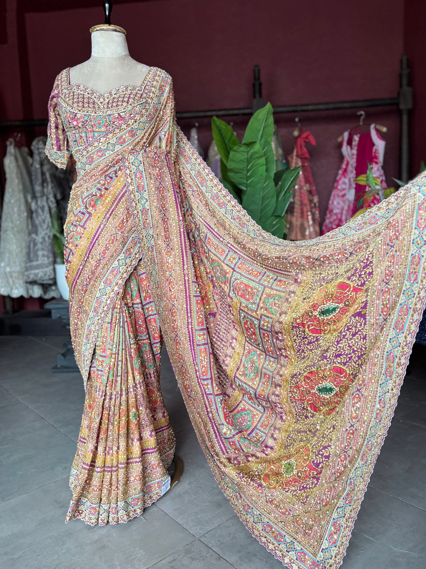 Patola Inspired Saree with Heavy Mirror Work & Designer Blouse