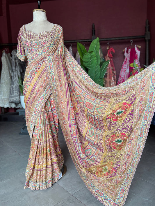 Patola Inspired Saree with Heavy Mirror Work & Designer Blouse