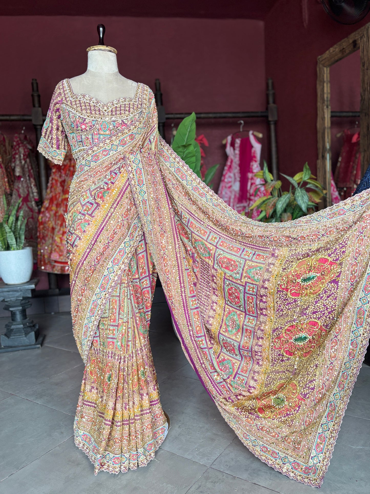 Patola Inspired Saree with Heavy Mirror Work & Designer Blouse