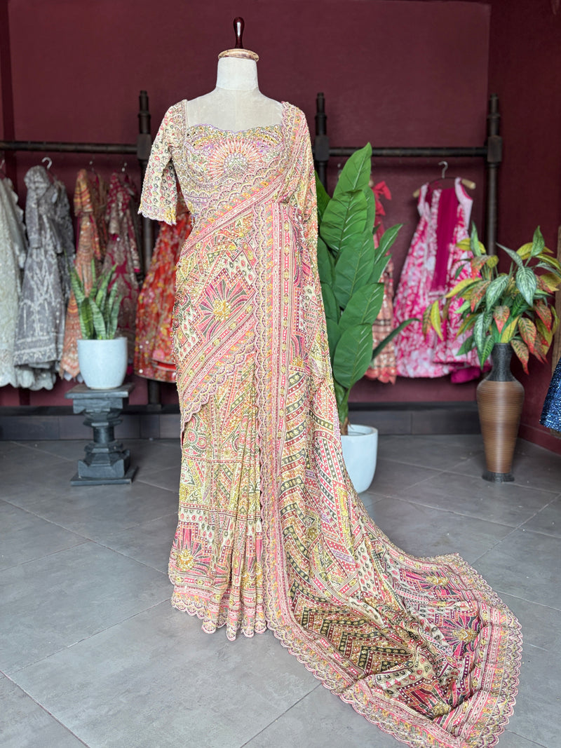 Multicolor Heritage Designer Saree with Heavy Embroidered Border