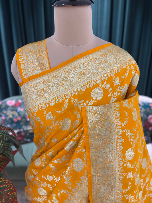 Yellow Elegant Silk Saree with Rich Gold Floral Motifs