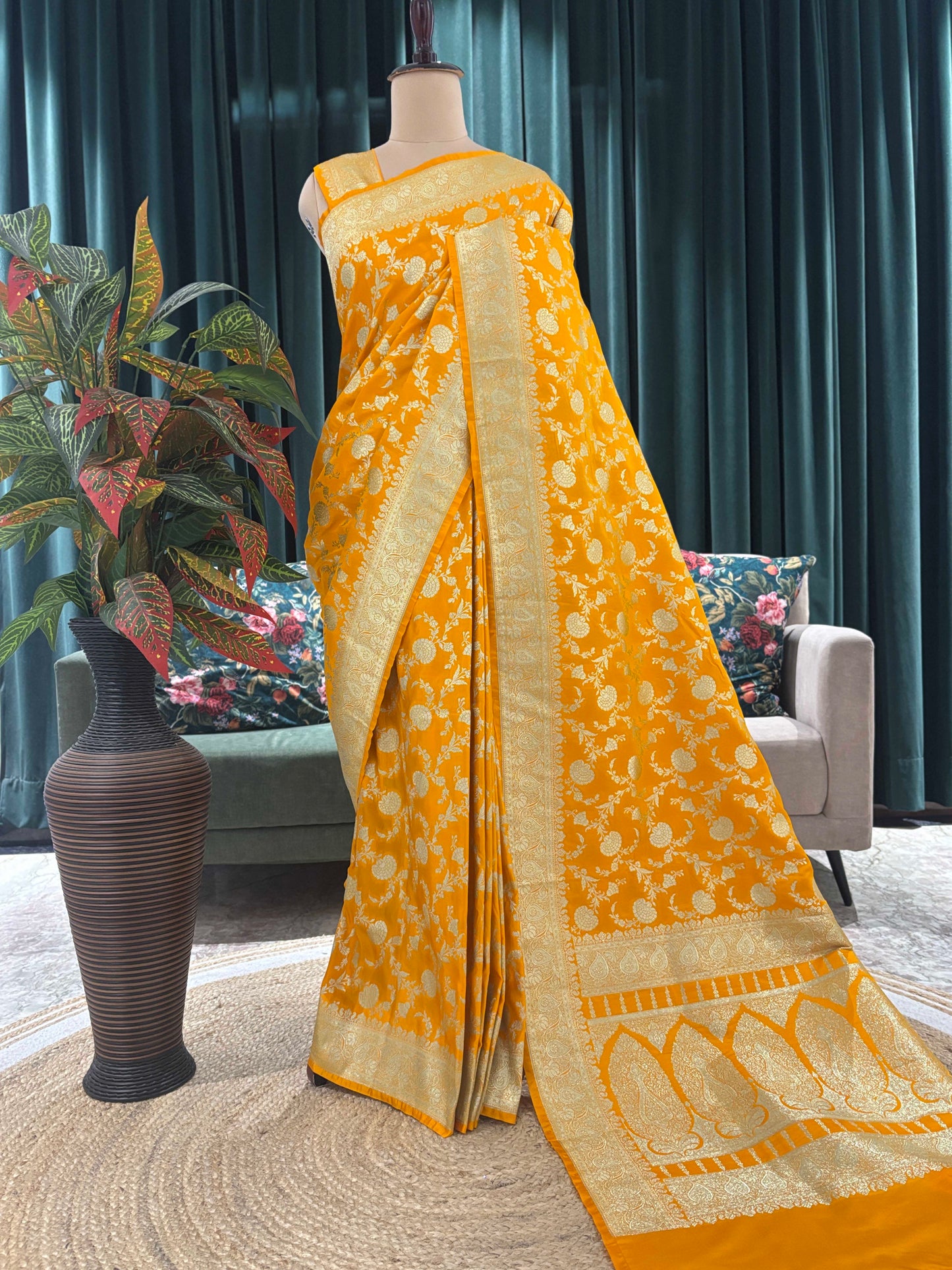 Yellow Elegant Silk Saree with Rich Gold Floral Motifs