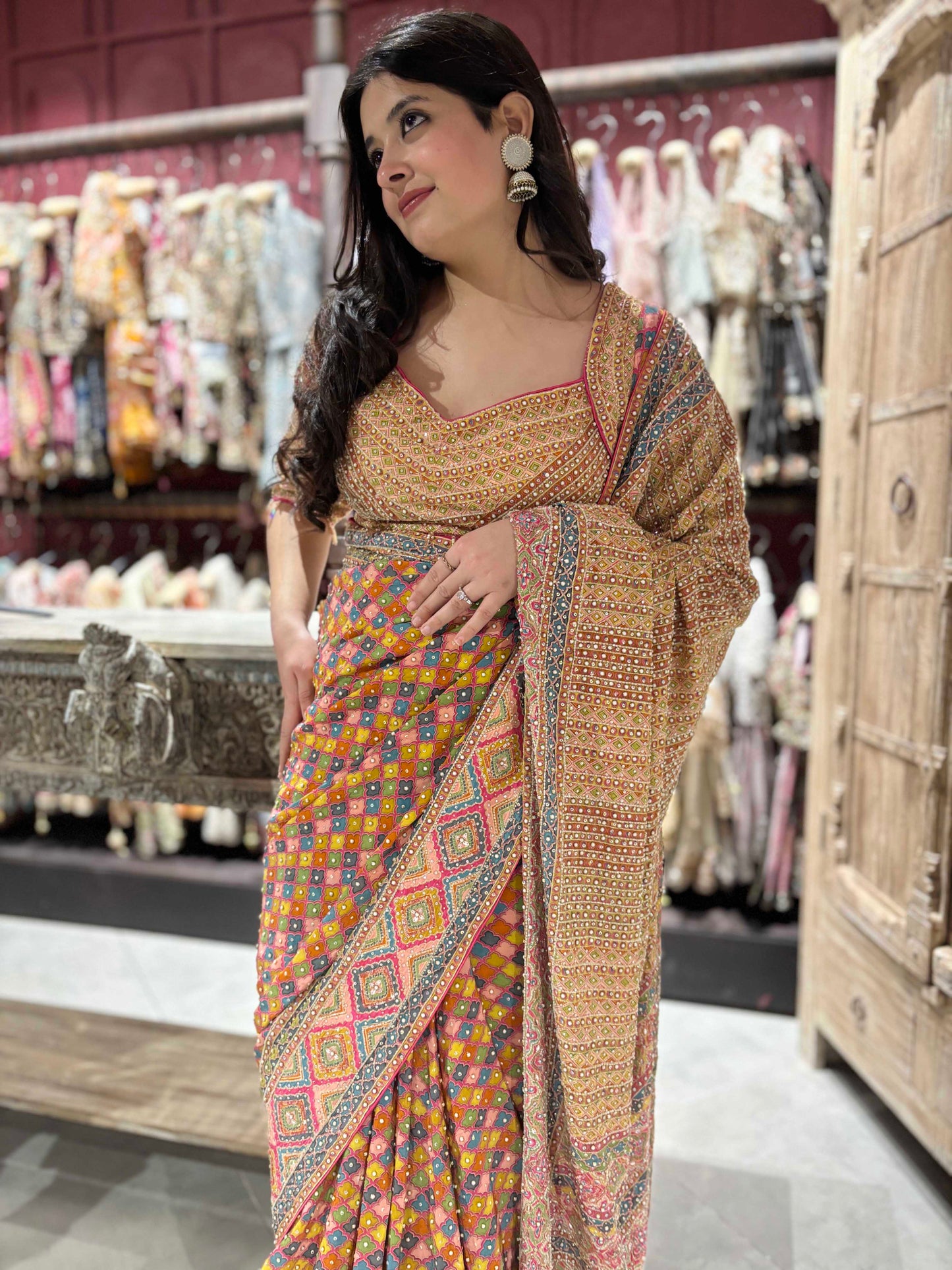 Designer Multicolour Print Saree With Sequins & Cutdana Work