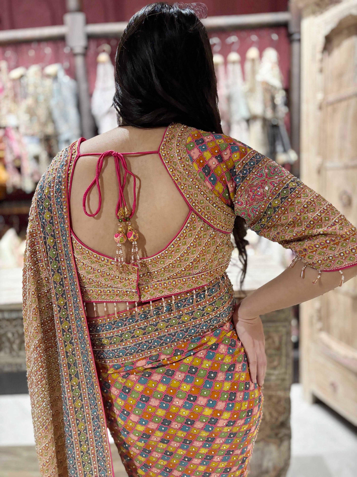 Designer Multicolour Print Saree With Sequins & Cutdana Work