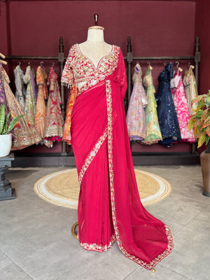 Red Designer Saree with Heavy Embroidered Blouse and Golden Border