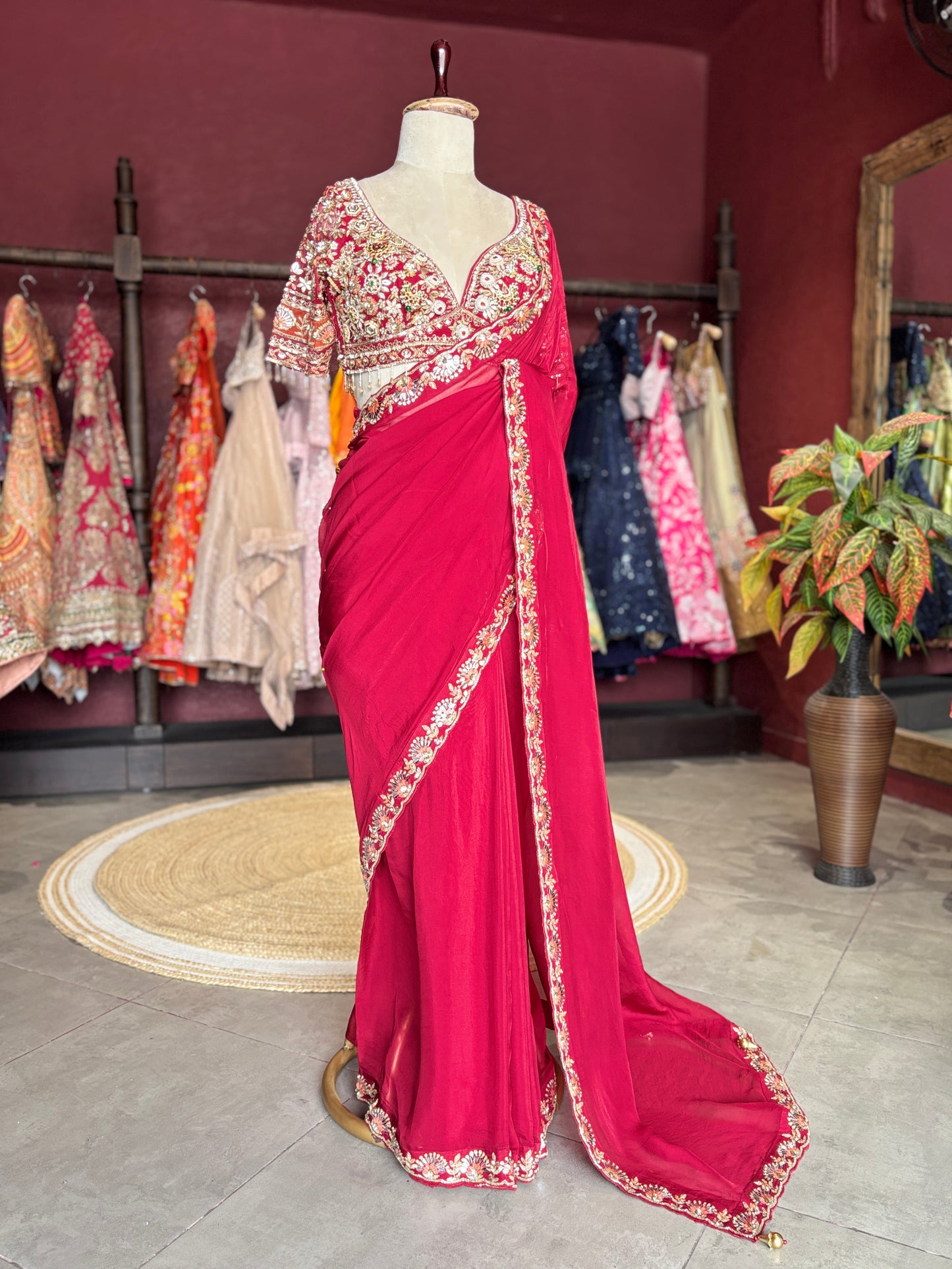 Red Designer Saree with Heavy Embroidered Blouse and Golden Border