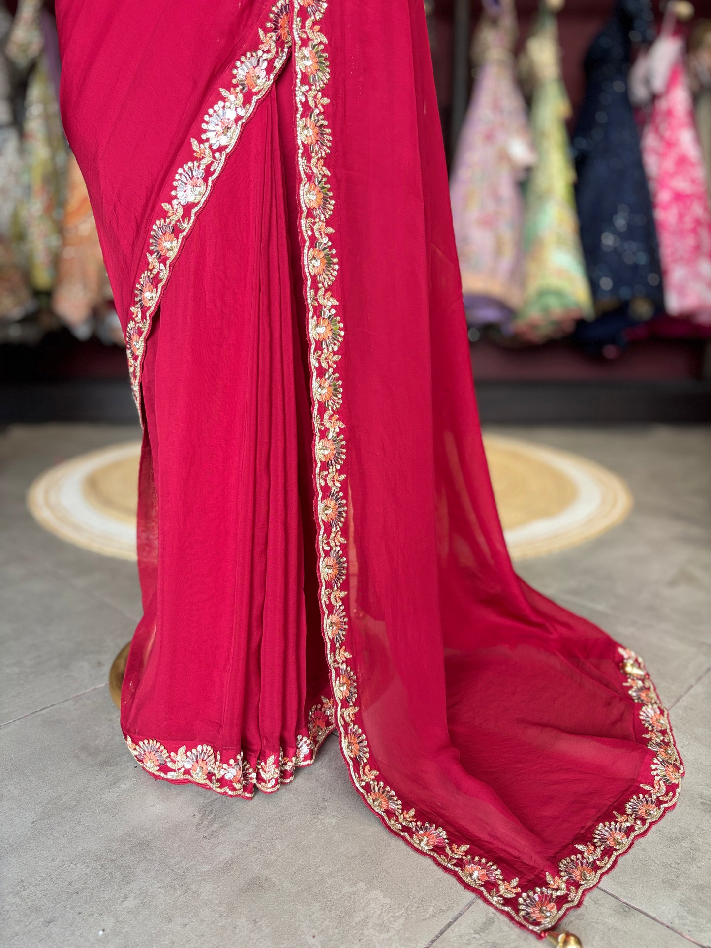 Red Designer Saree with Heavy Embroidered Blouse and Golden Border