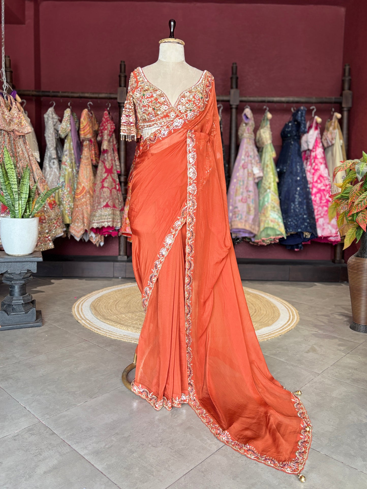 Rust Orange Designer Saree with Heavy Embroidered Blouse
