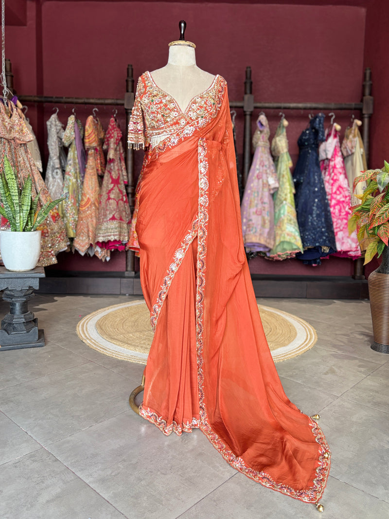 Rust Orange Designer Saree with Heavy Embroidered Blouse
