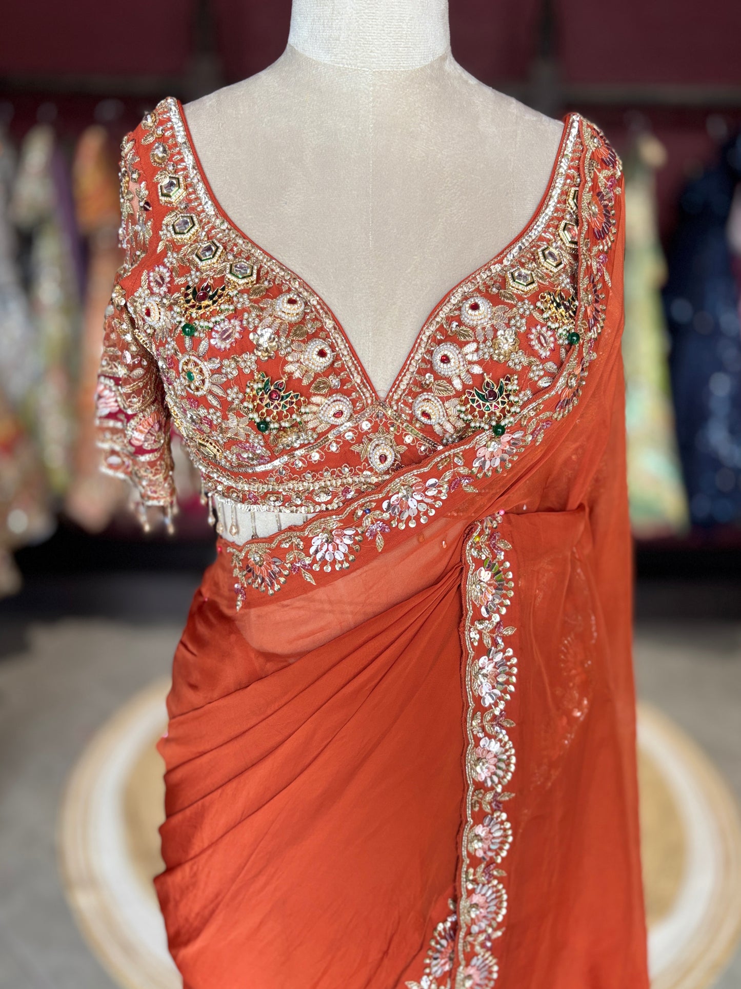 Rust Orange Designer Saree with Heavy Embroidered Blouse