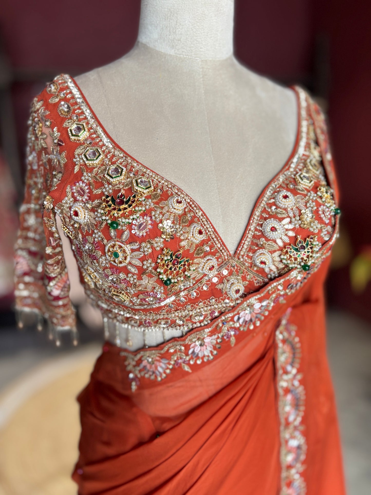 Rust Orange Designer Saree with Heavy Embroidered Blouse