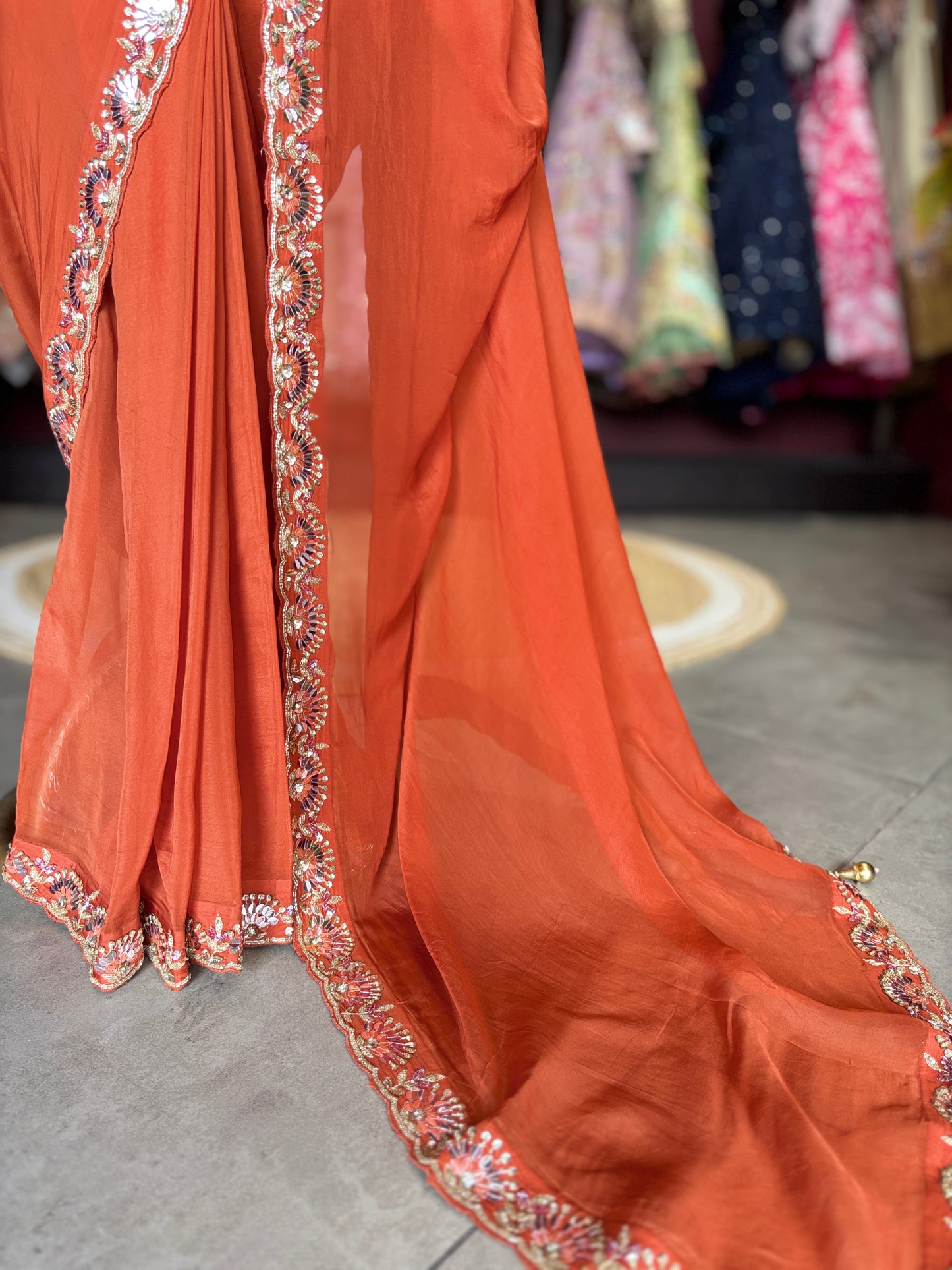 Rust Orange Designer Saree with Heavy Embroidered Blouse