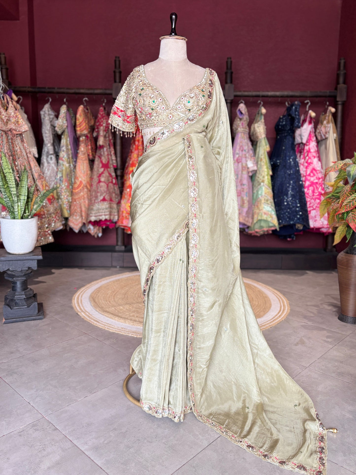 Sage Designer Saree with Embroidered Blouse and Stone Work Border